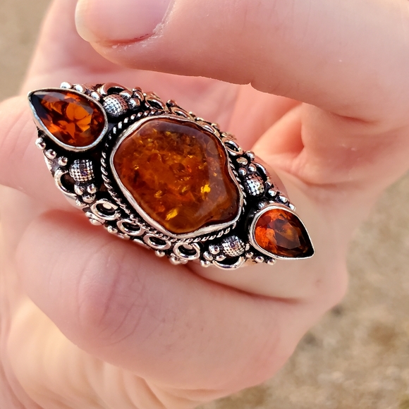 New Baltic Amber & Citrine 925 Silver Statement Ring. - Picture 9 of 13